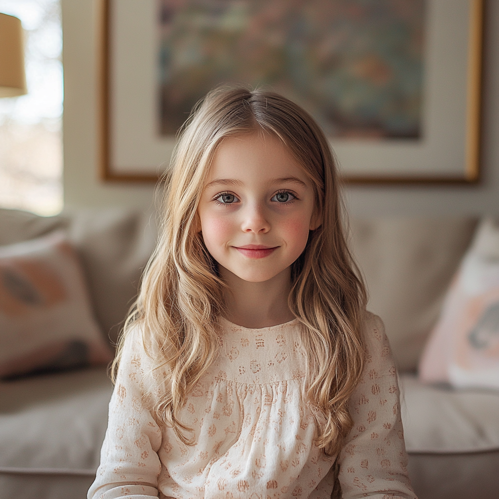 A little girl sitting on a couch | Source: Midjourney