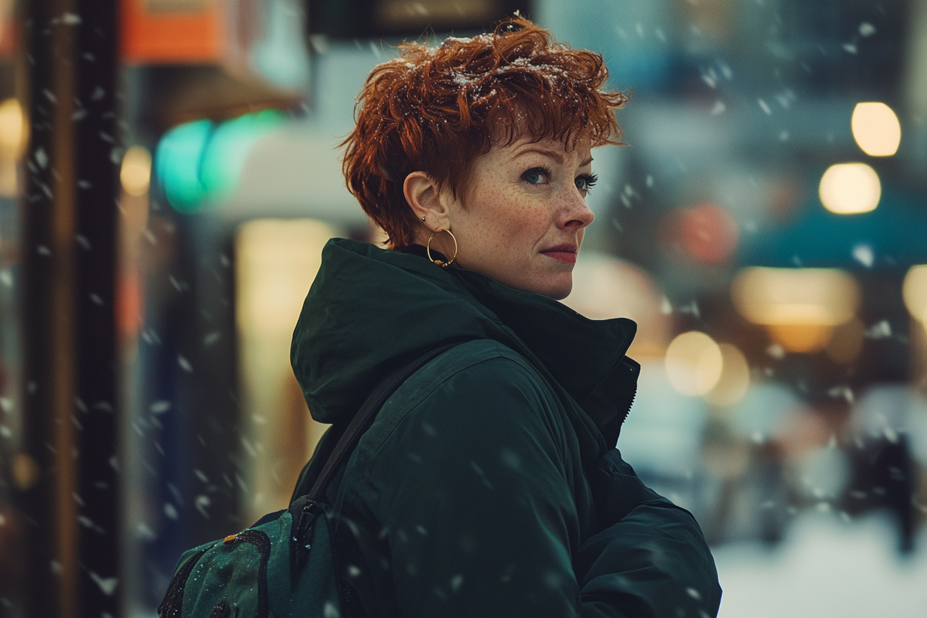 Woman in her late 30s tightening her winter coat on the street | Source: Midjourney