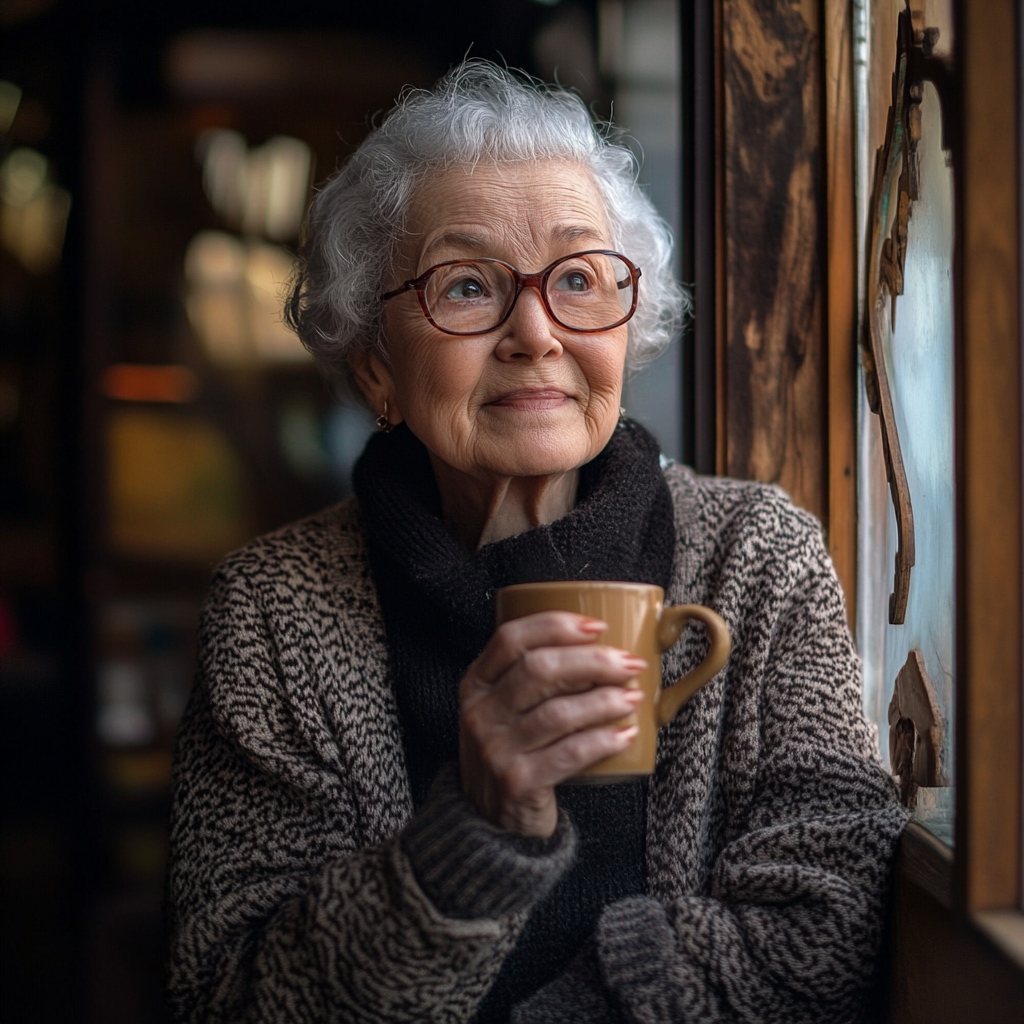 A happy senior woman sipping coffee | Source: Midjourney