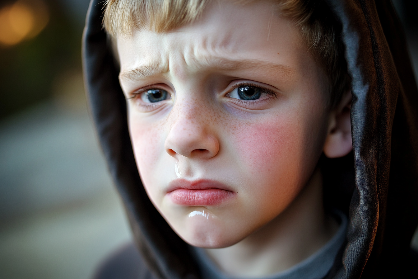 A teen boy holding back tears | Source: Midjourney