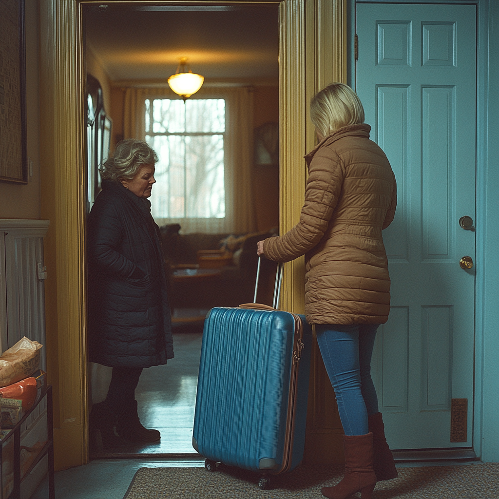 A young woman drags a huge blue suitcase into her mother's house | Source: Midjourney