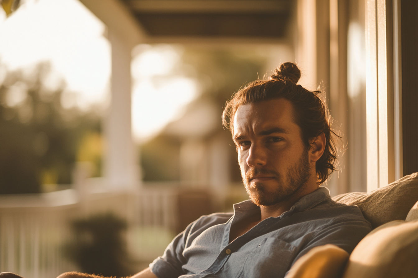 A man sits on a porch looking serious | Source: Midjourney