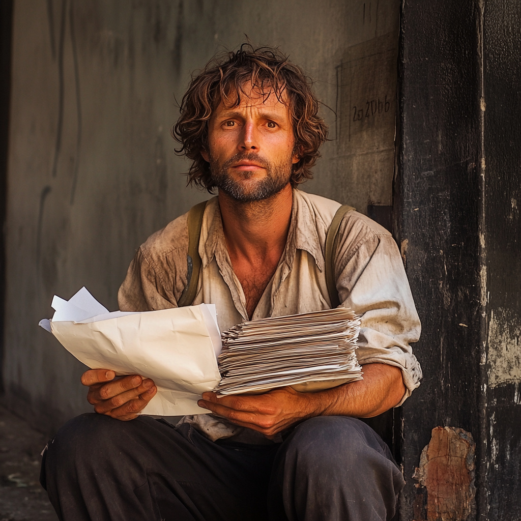 A man holding a stack of paper | Source: Midjourney