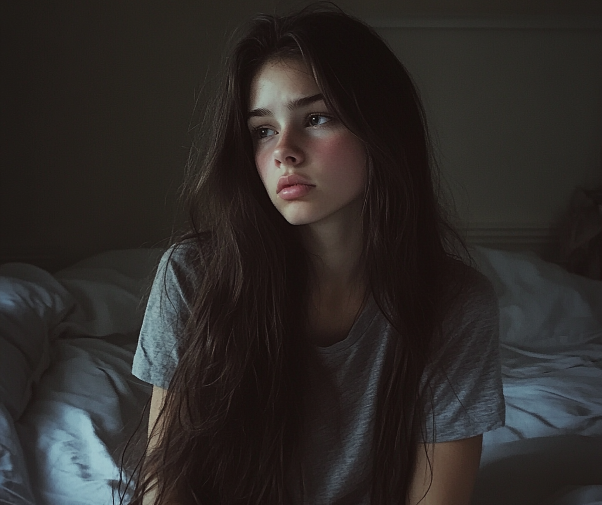 A teenage girl sitting on her bed | Source: Midjourney