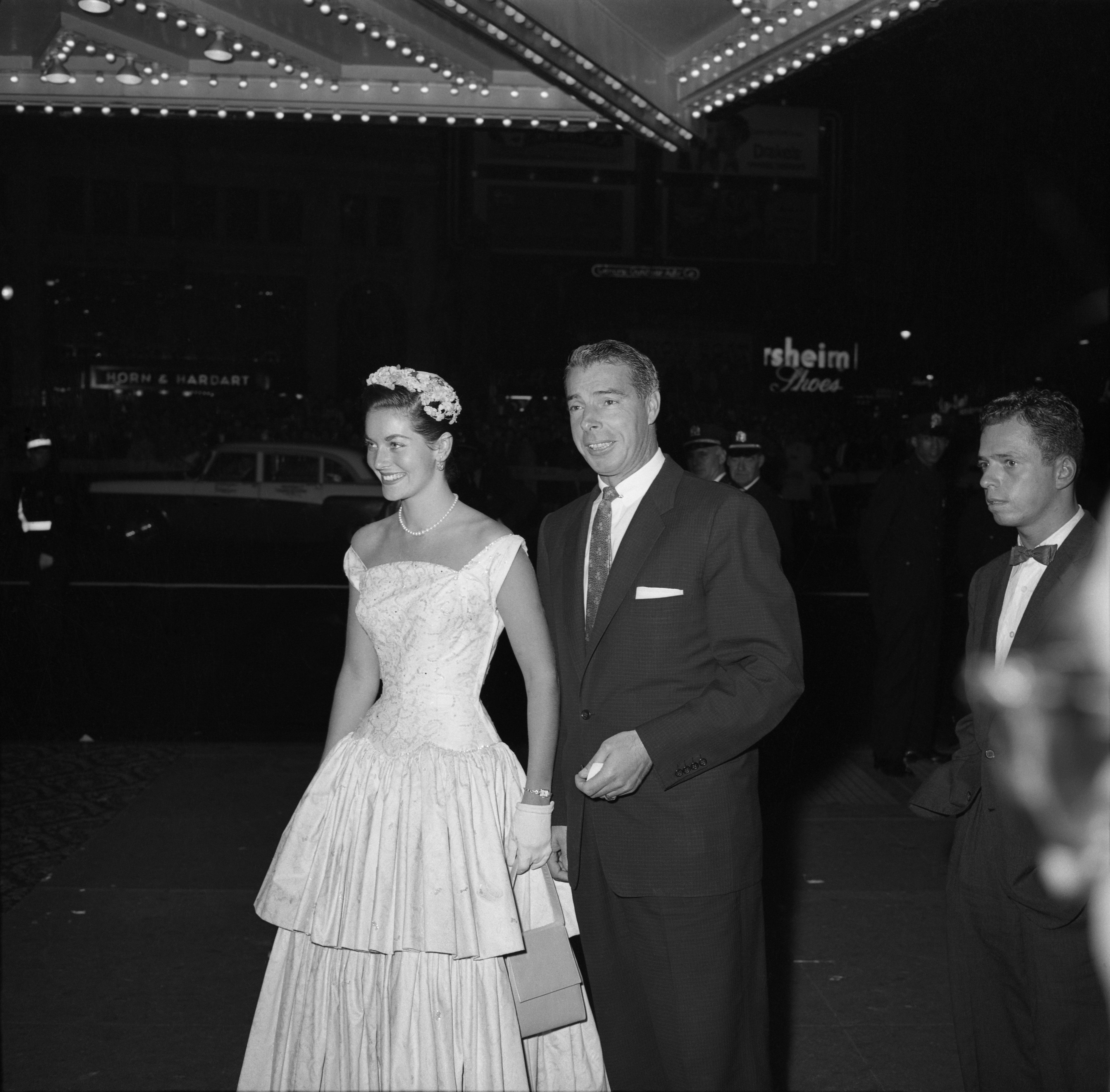 The former Miss America and baseball legend Joe DiMaggio at the opening night of "Judy Garland" on September 26, 1956, in New York. | Source: Getty Images