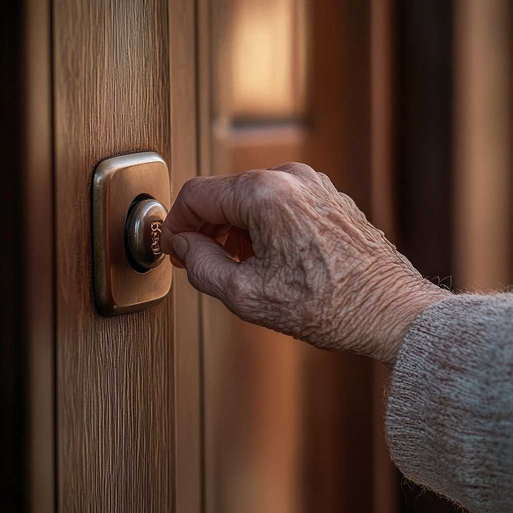 An older woman's hand near a doorbell | Source: Midjourney