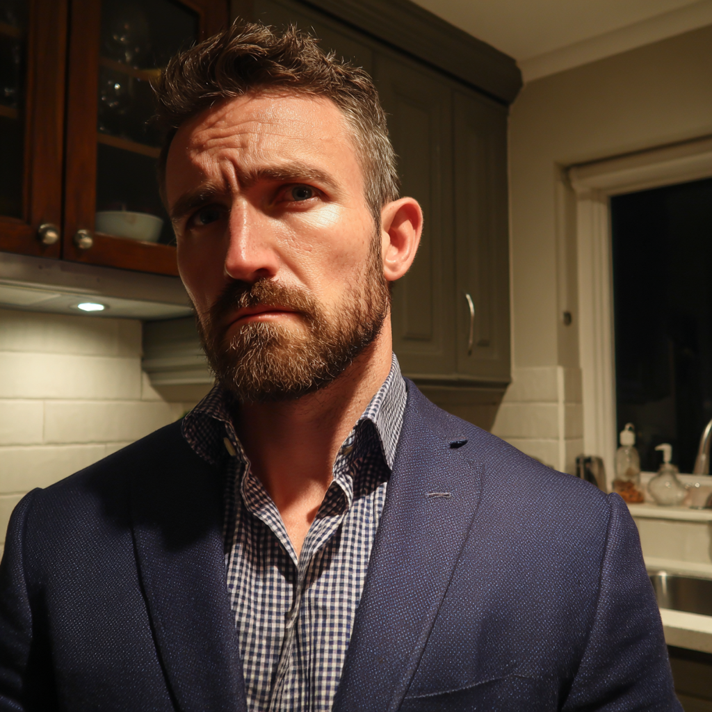 A frowning man standing in a kitchen | Source: Midjourney