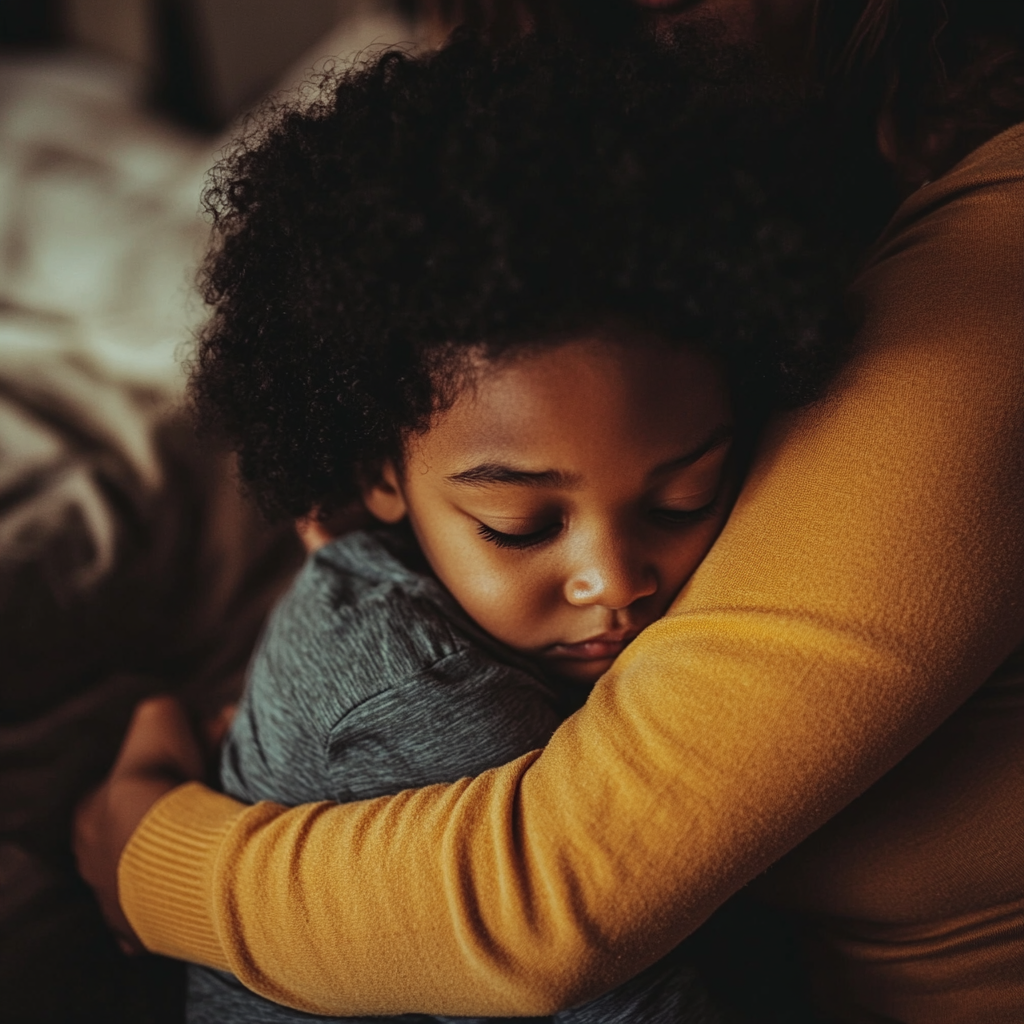 Un niño triste abrazando a su madre | Fuente: Midjourney