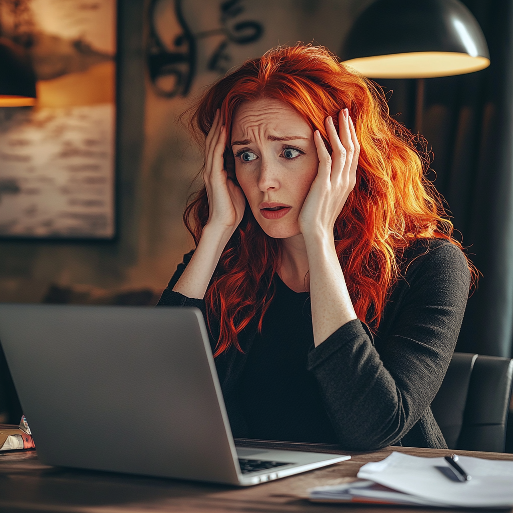 A shocked woman sitting in front of a laptop | Source: Midjourney