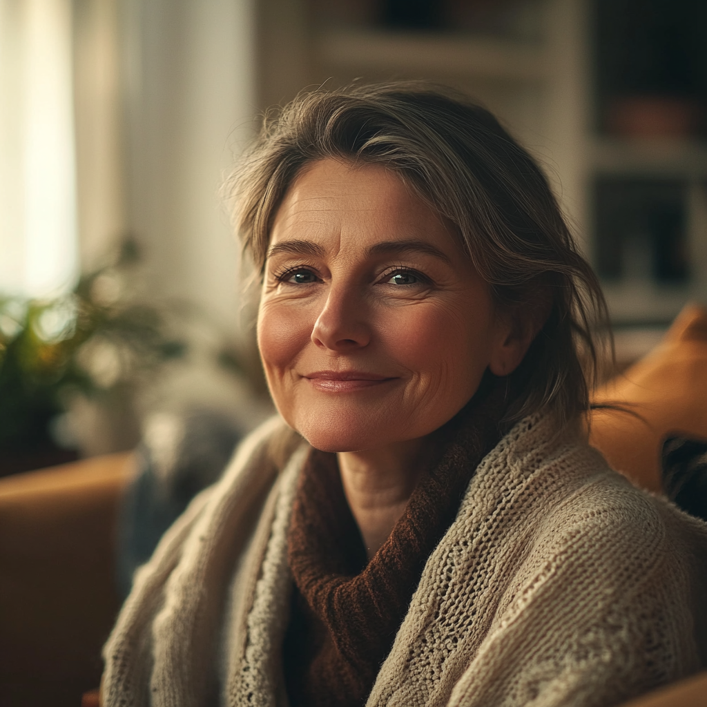 A middle-aged woman smiles softly while looking at someone | Source: Midjourney