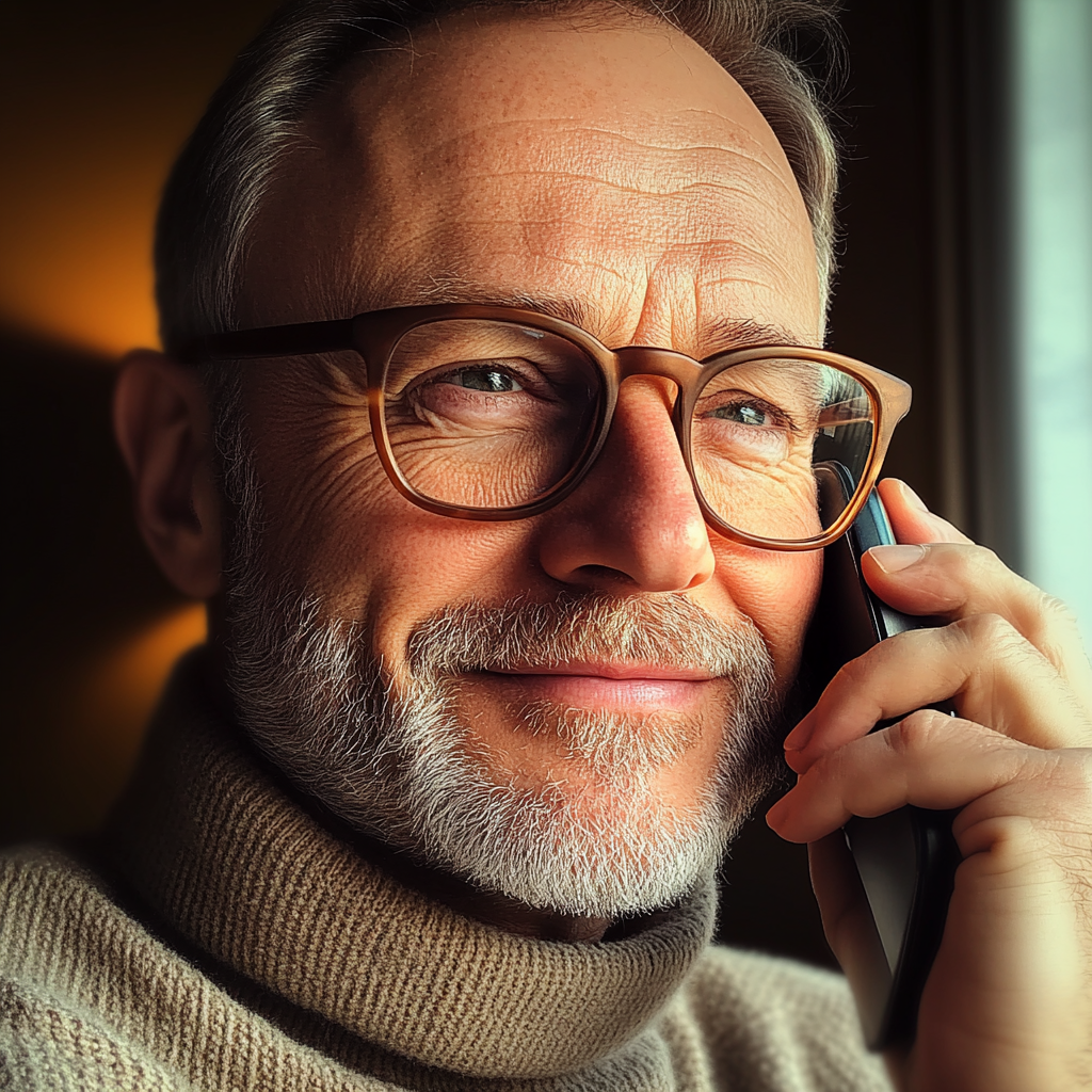 A smiling man talking on a phone | Source: Midjourney