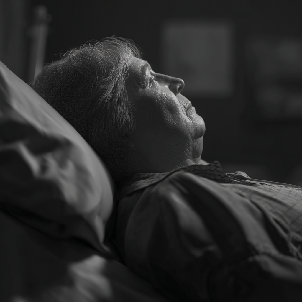 An elderly woman lying in a bed | Source: Midjourney