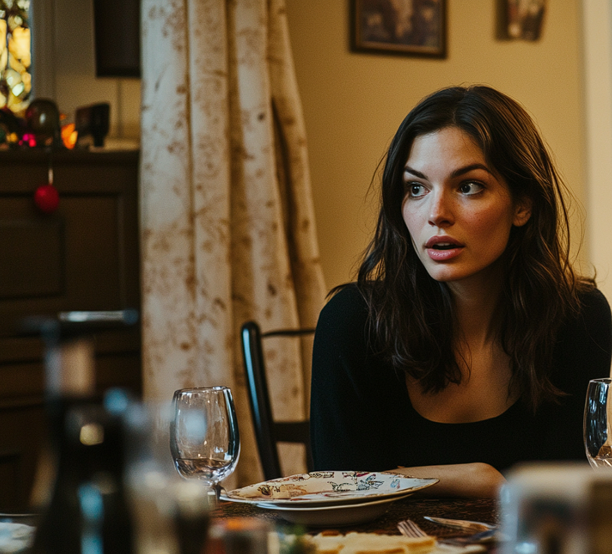 A woman at a dinner table looking incredulously at someone | Source: Midjourney