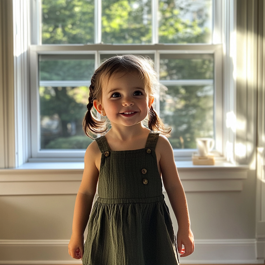 A little girl standing in an empty living room | Source: Midjourney