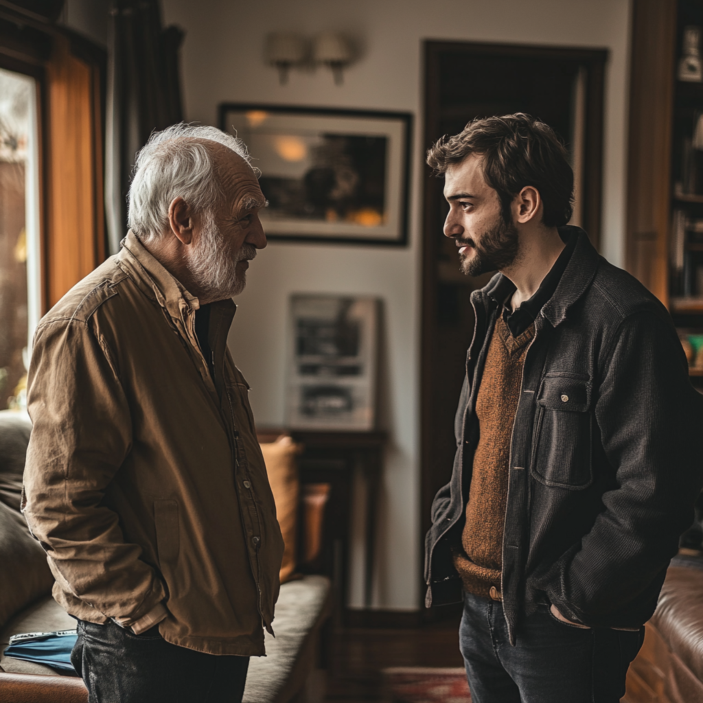 An elderly man talking to his son | Source: Midjourney