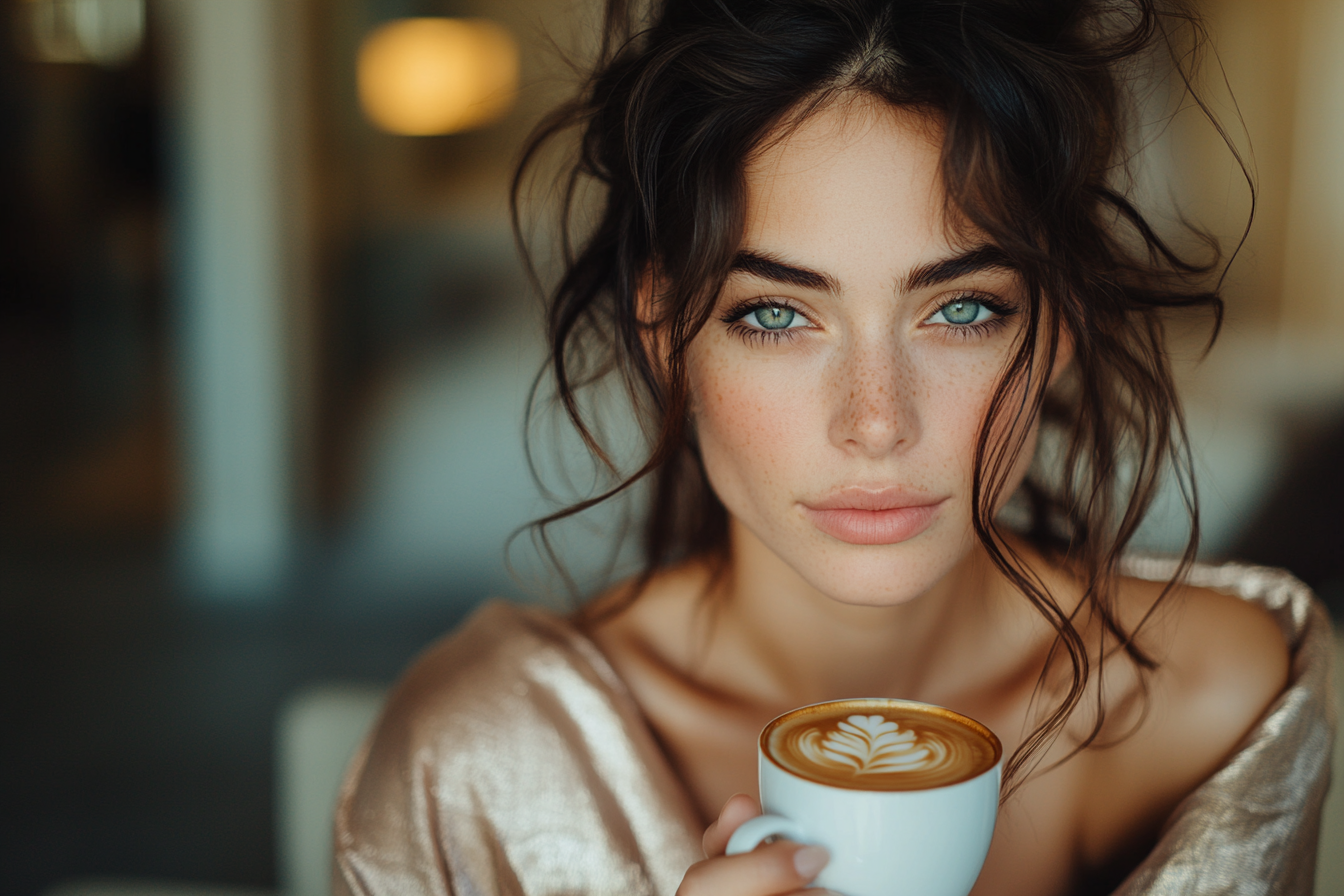 Woman in a silk robe, holding a coffee cup in a hotel suite | Source: Midjourney