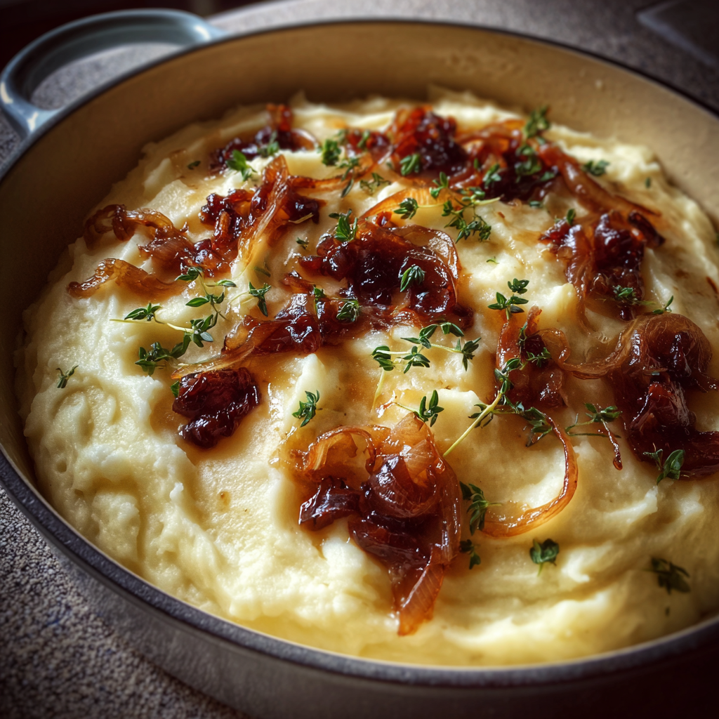 A pot of mashed potatoes and caramelized onions | Source: Midjourney