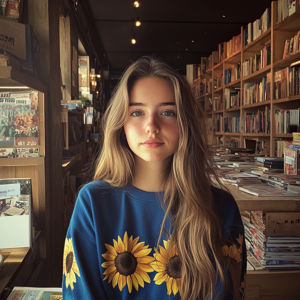 A young woman standing in a bookstore | Source: Midjourney