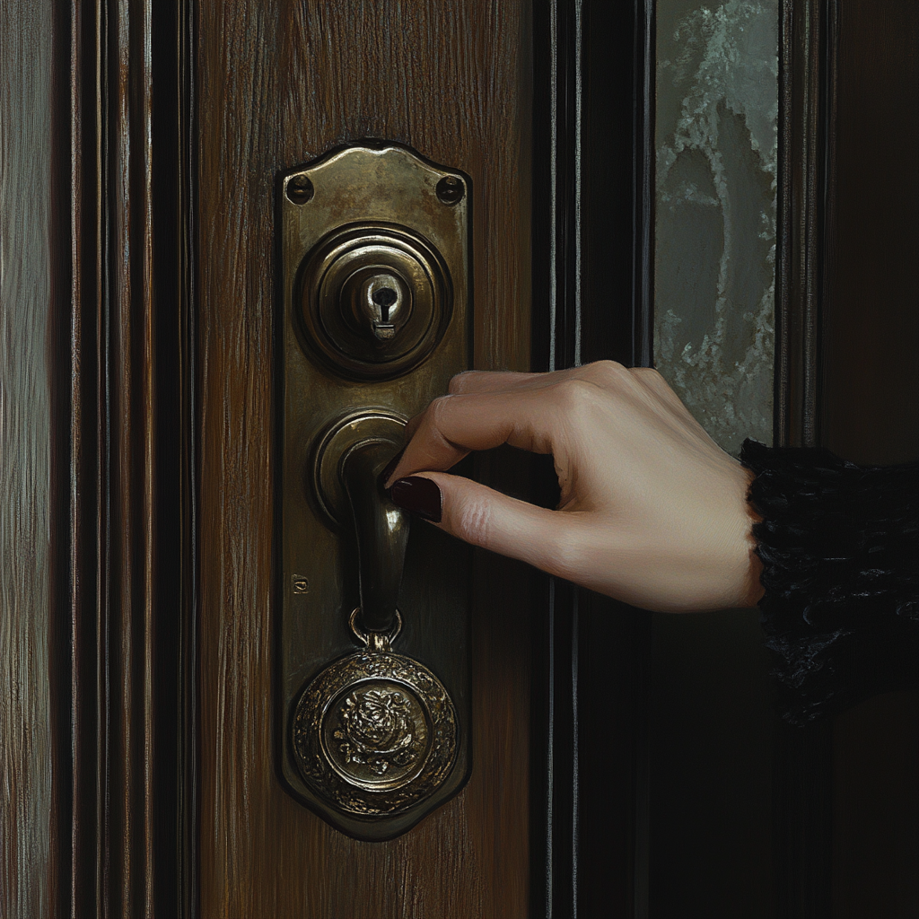 A woman's hand touching a doorknob | Source: Midjourney