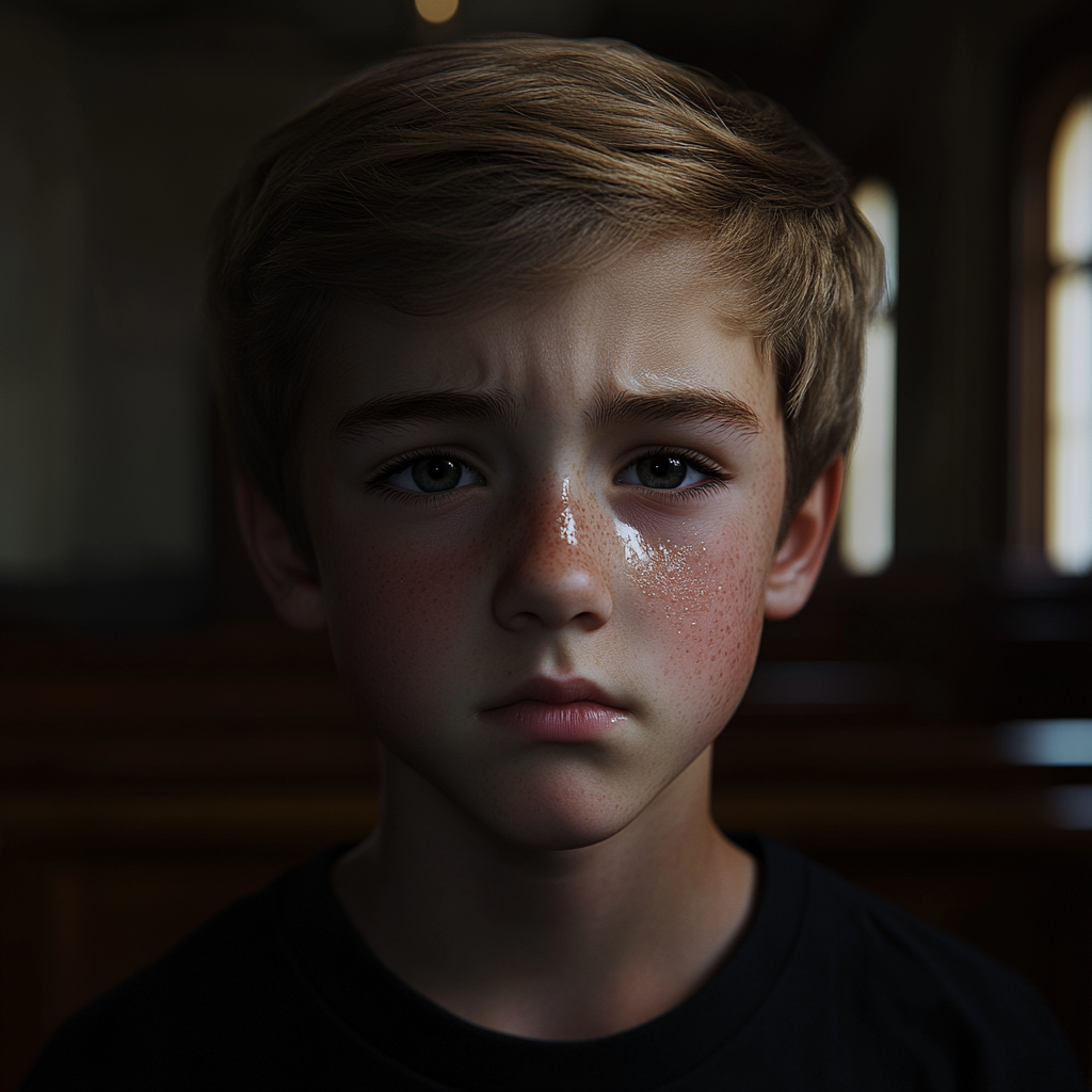 An emotional boy in a courthouse | Source: Midjourney