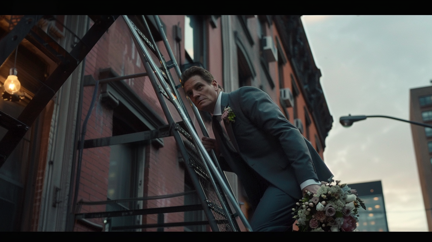 Man in suit climbing the fire escape | Source: Midjourney