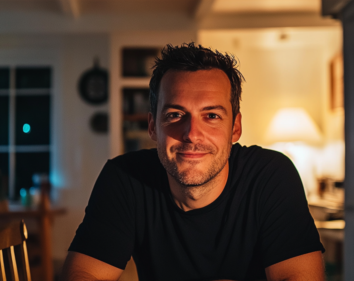 Um homem sorridente vestindo uma camiseta preta | Fonte: Midjourney
