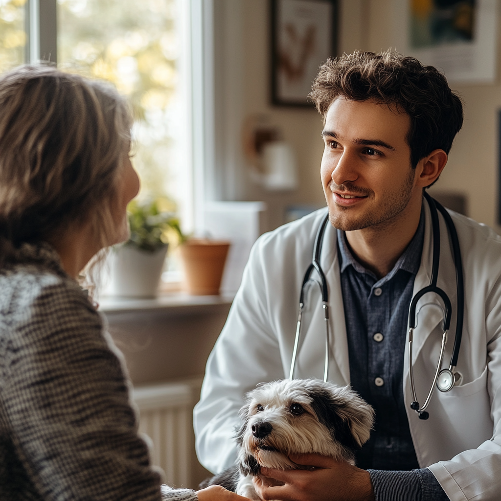 Young veterinary doctor talking to his mother | Source: Midjourney