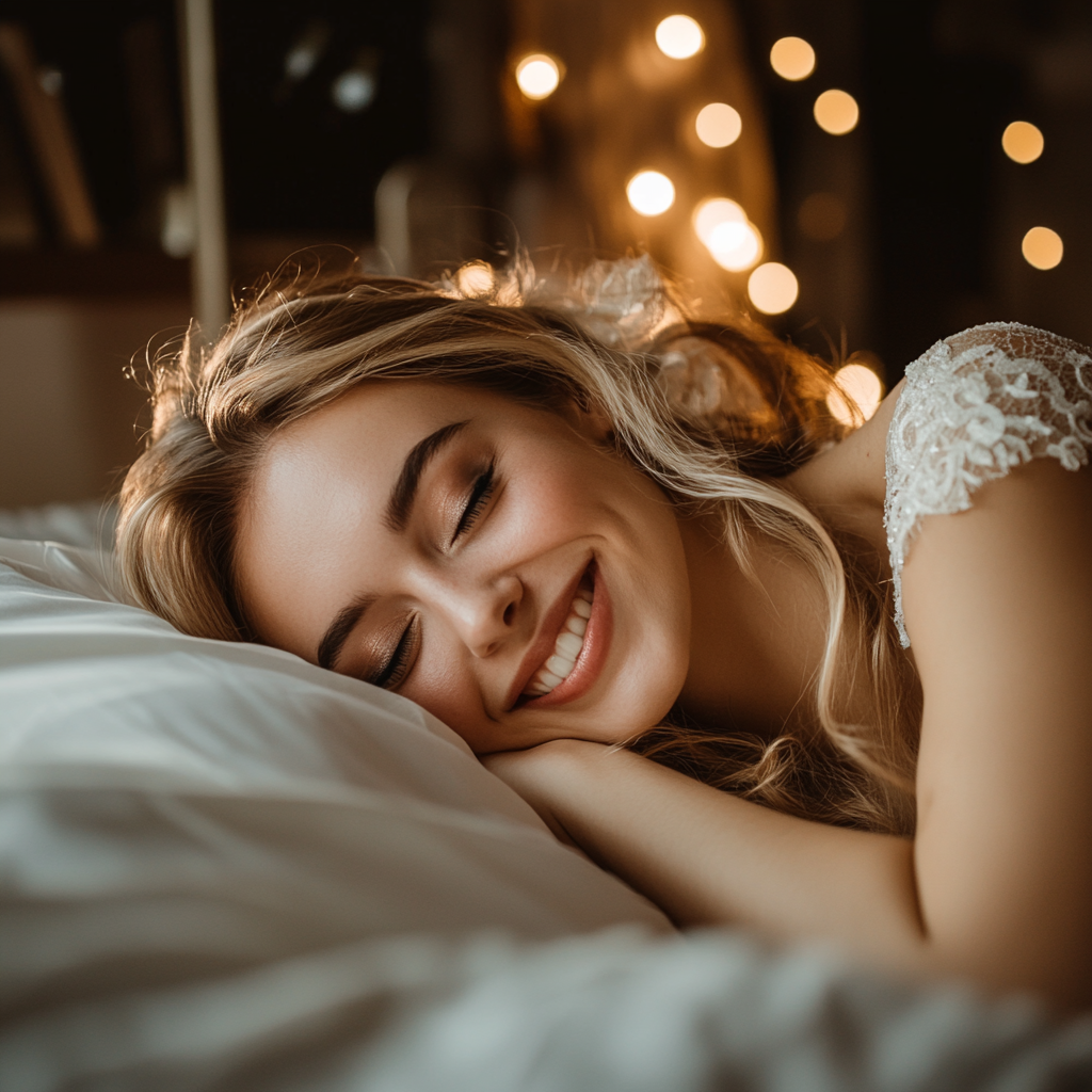 A happy woman in her bed | Source: Midjourney