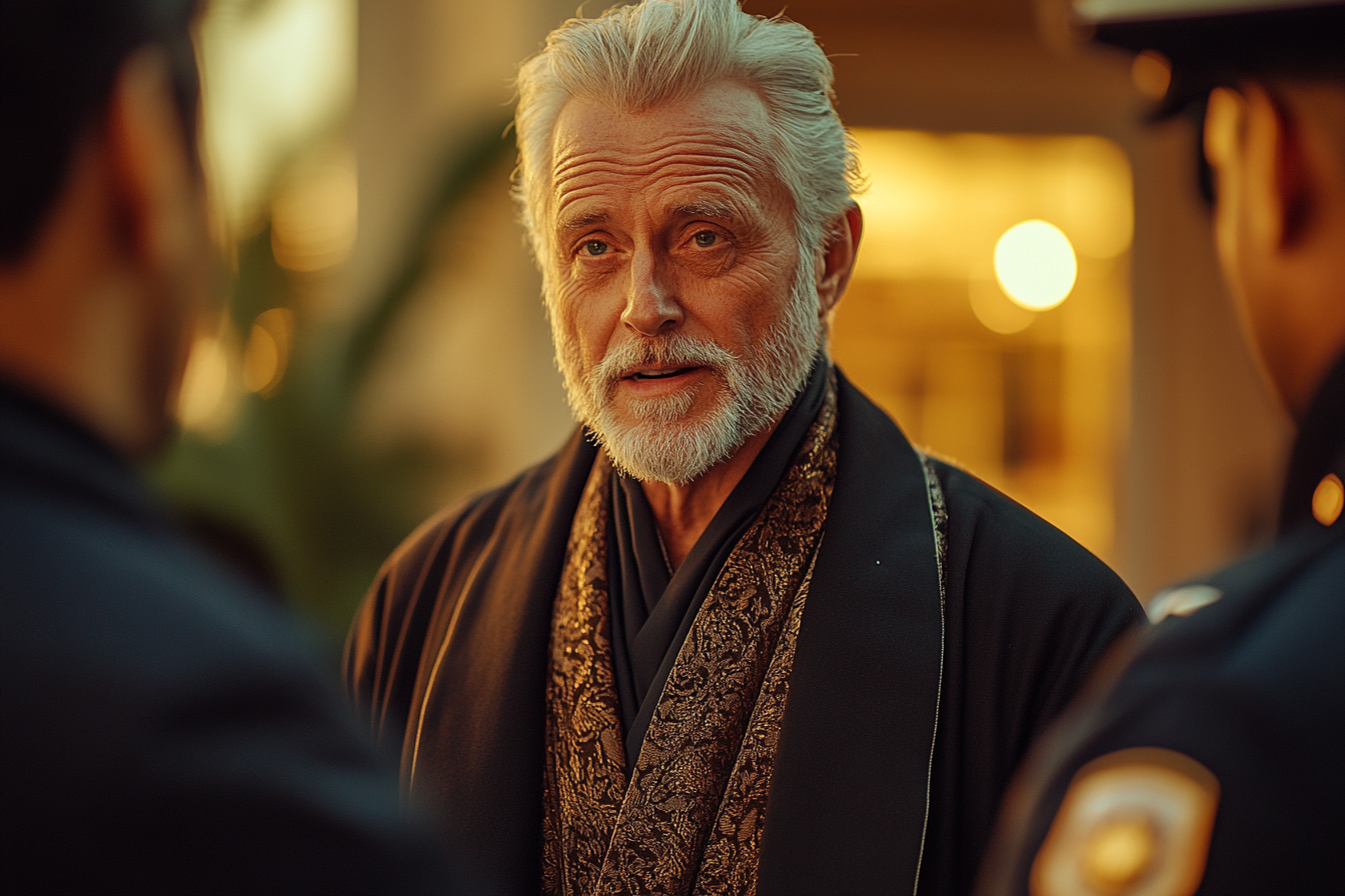 A senior man in an expensive robe, silver hair slicked back, standing outside his mansion, speaking to two police officers | Source: Midjourney