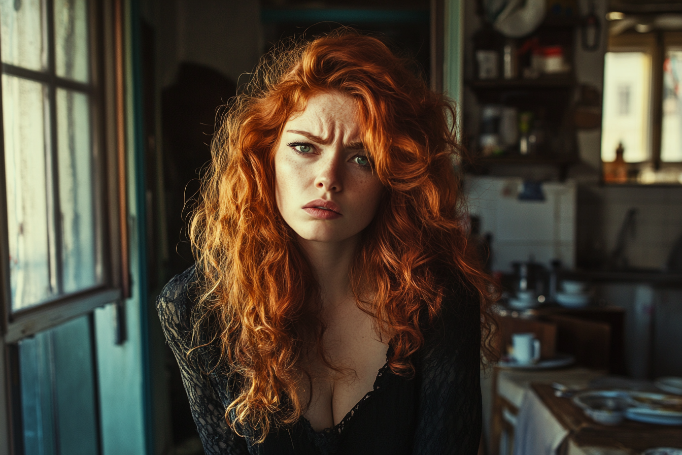 A red-haired woman in a black dress stands angry in a cluttered apartment | Source: Midjourney