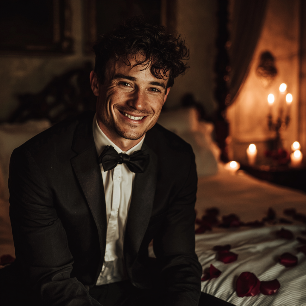 A smiling groom sitting on a bed | Source: Midjourney