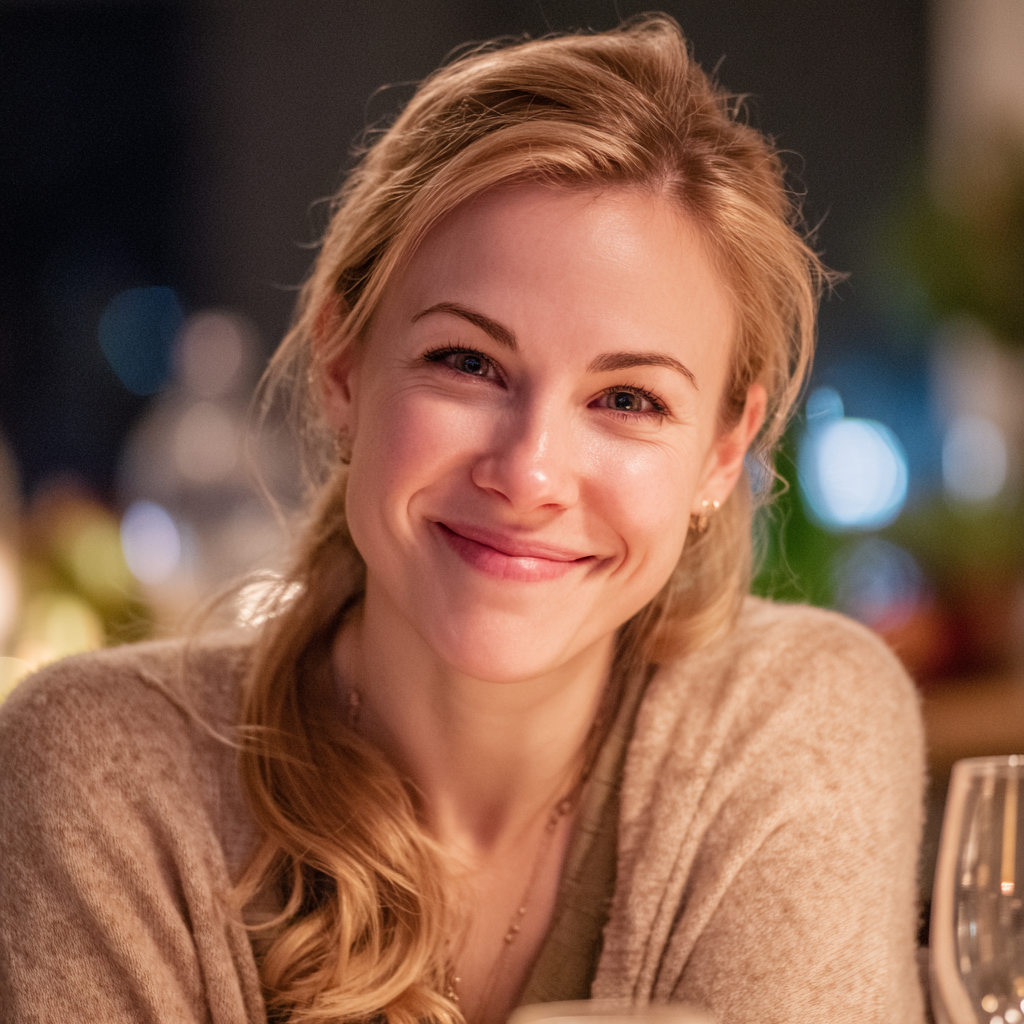 A woman smiling at a dinner table | Source: Midjourney