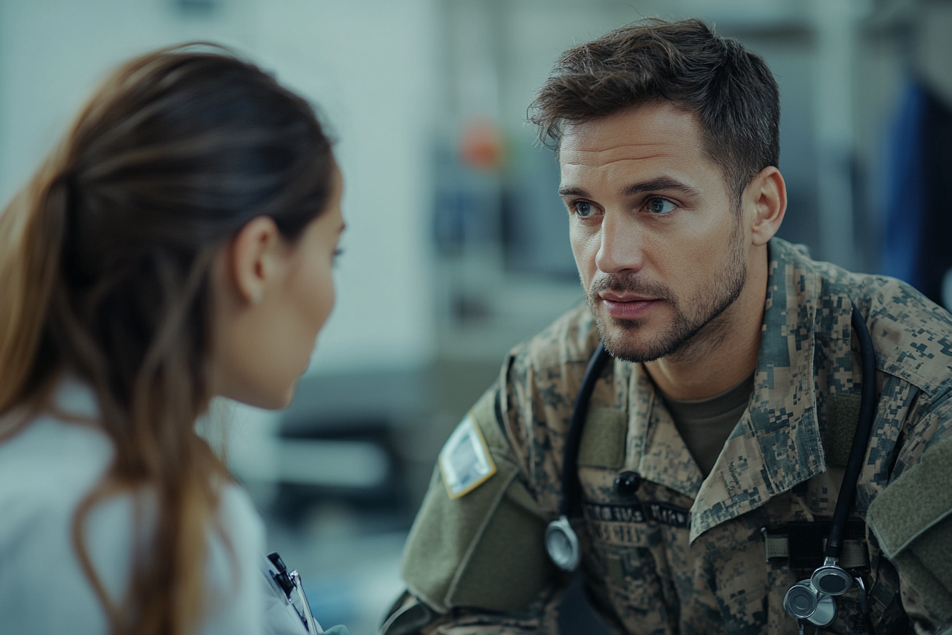 Doctor having a conversation with a military officer | Source: Midjourney