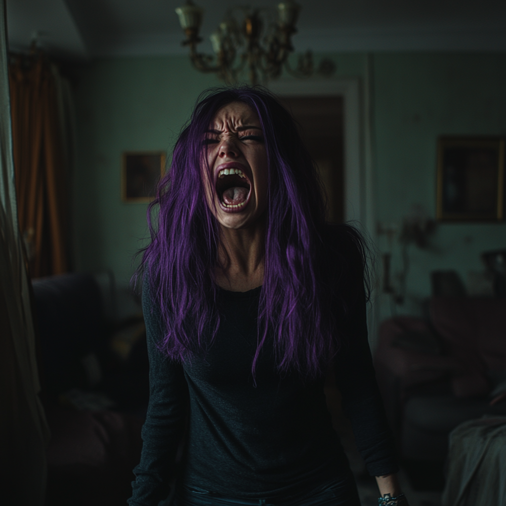 A distraught woman with purple hair ⏐ Source: Midjourney