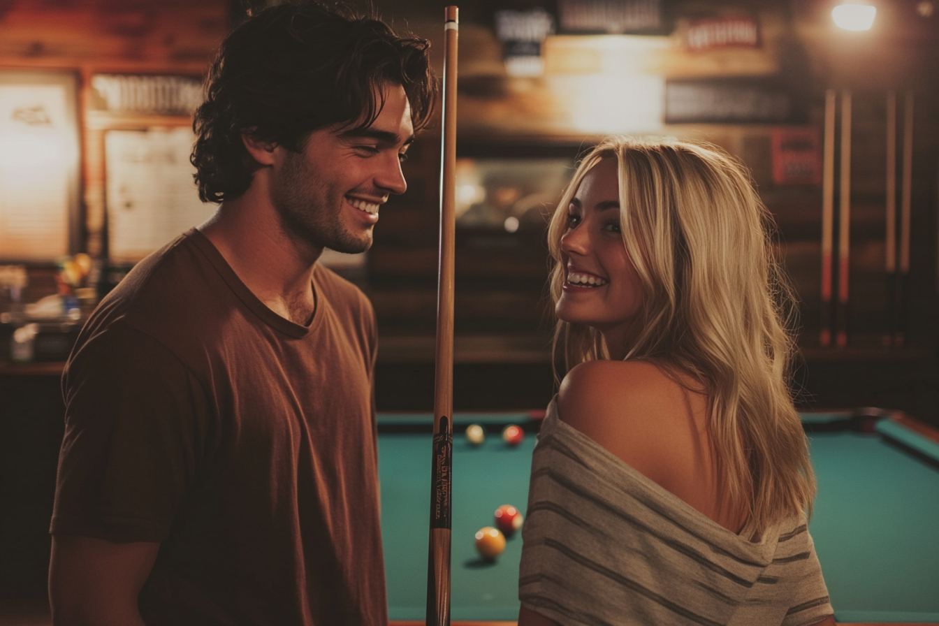 Two people speaking beside a pool table | Source: Midjourney