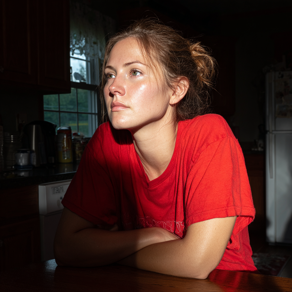 A woman sitting at a kitchen table | Source: Midjourney