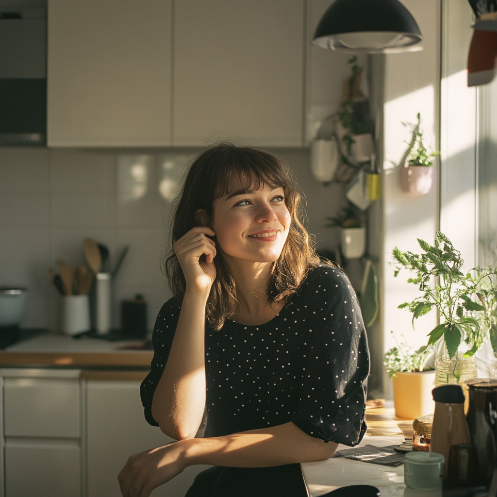 Woman standing in her kitchen smiling | Source: Midjourney