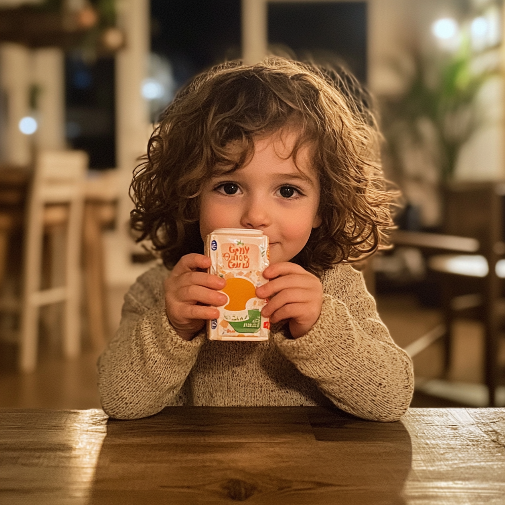 A little girl holding a juice box | Source: Midjourney