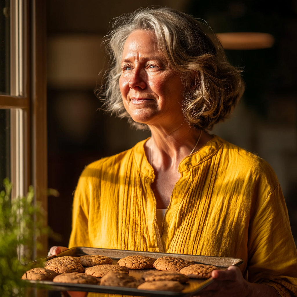 A smiling woman holding a tray of baked cookies | Source: Midjourney