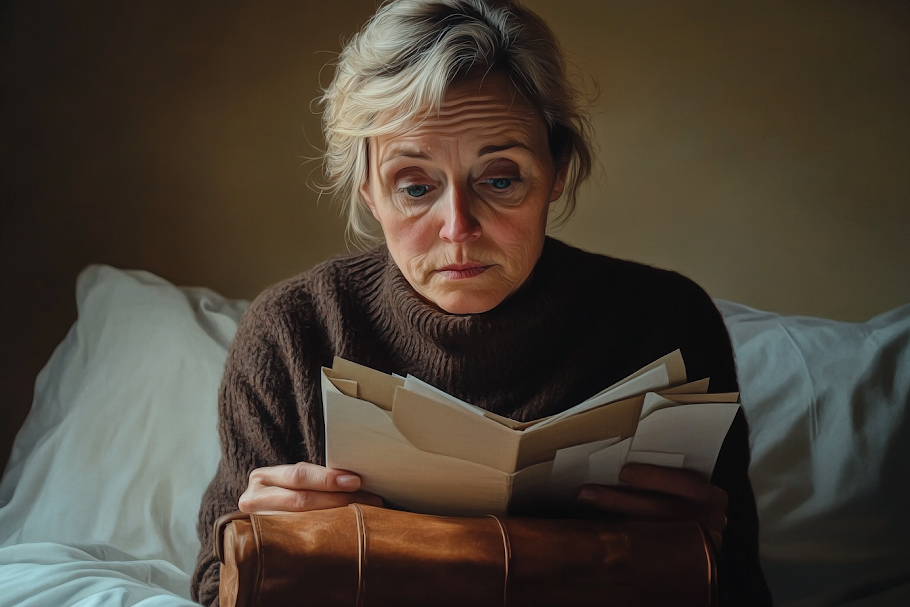 A sad older woman holding a stack of documents | Source: Midjourney