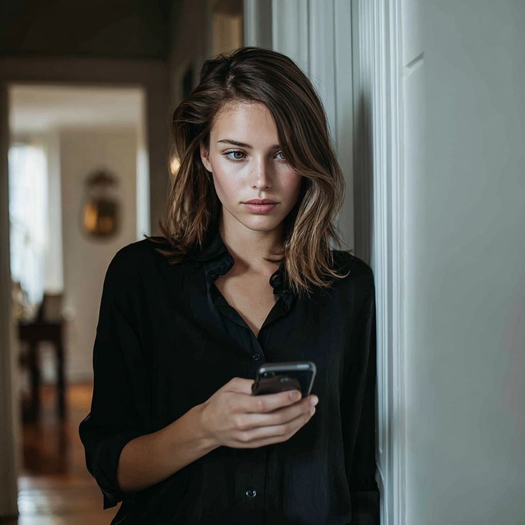 A woman using her cellphone in a hallway | Source: Midjourney