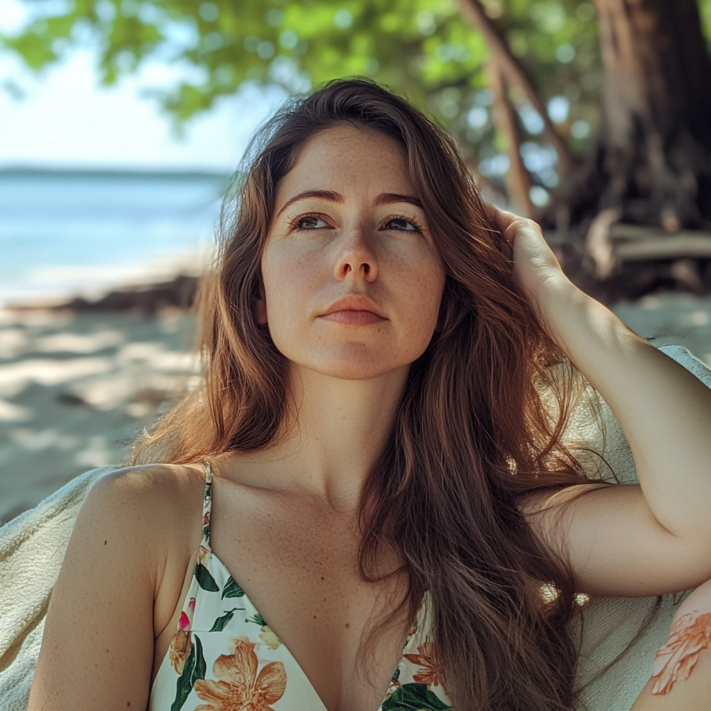 A woman sitting on a lounger at the beach | Source: Midjourney