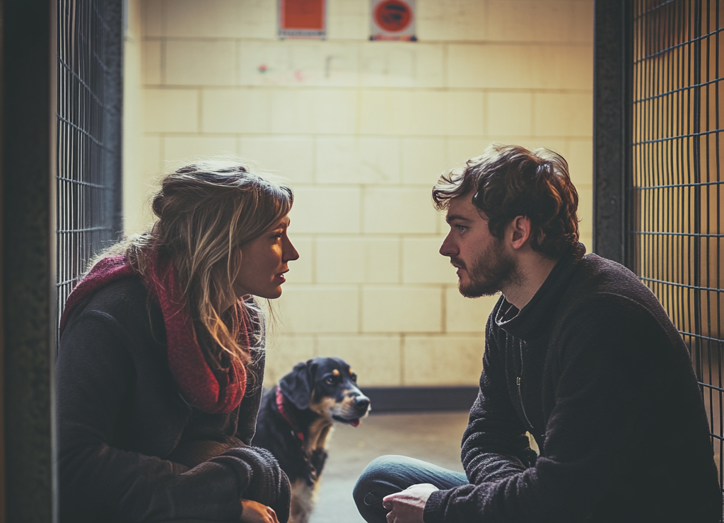 A couple having a slight disagreement at a dog shelter | Source: Midjourney