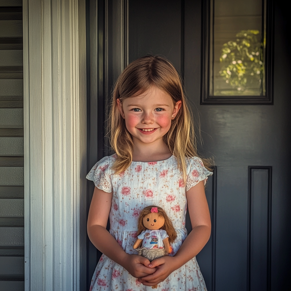 Une petite fille heureuse debout sur le pas de la porte, tenant une poupée | Source : Midjourney