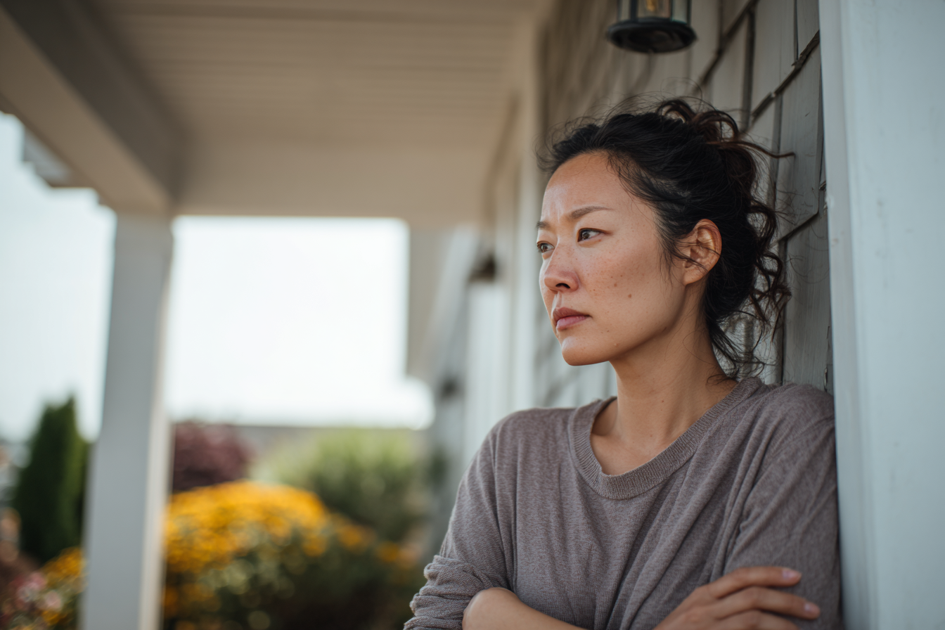 A woman staring thoughtfully at her garden | Source: Midjourney