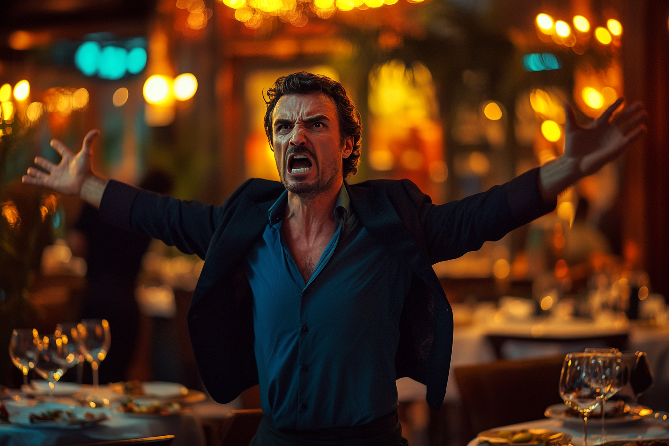 Angry man with hands in the air at a restaurant | Source: Midjourney