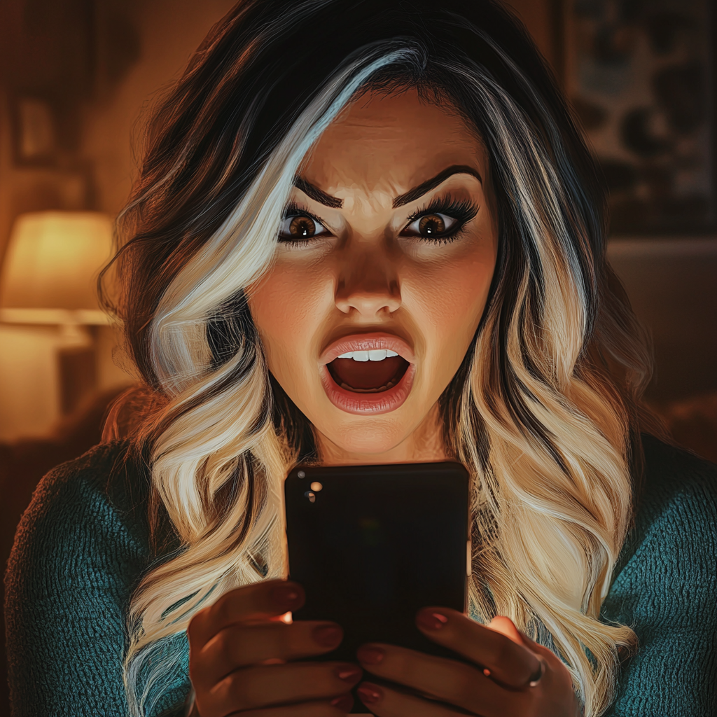 A shocked woman staring at a phone | Source: Midjourney