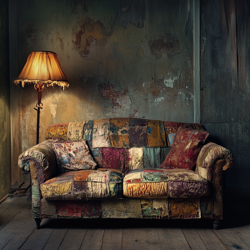 An old, worn couch in a shabby room | Source: Midjourney