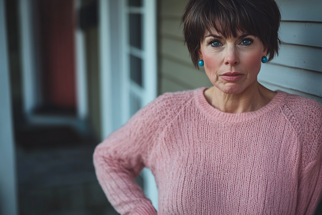 An angry woman in her 50s standing on the porch with her hands on her waist | Source: Midjourney