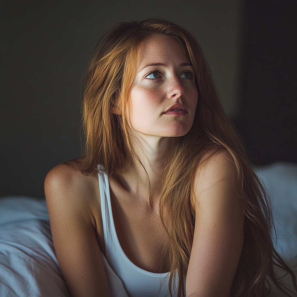 A young woman sitting on a bed | Source: Midjourney